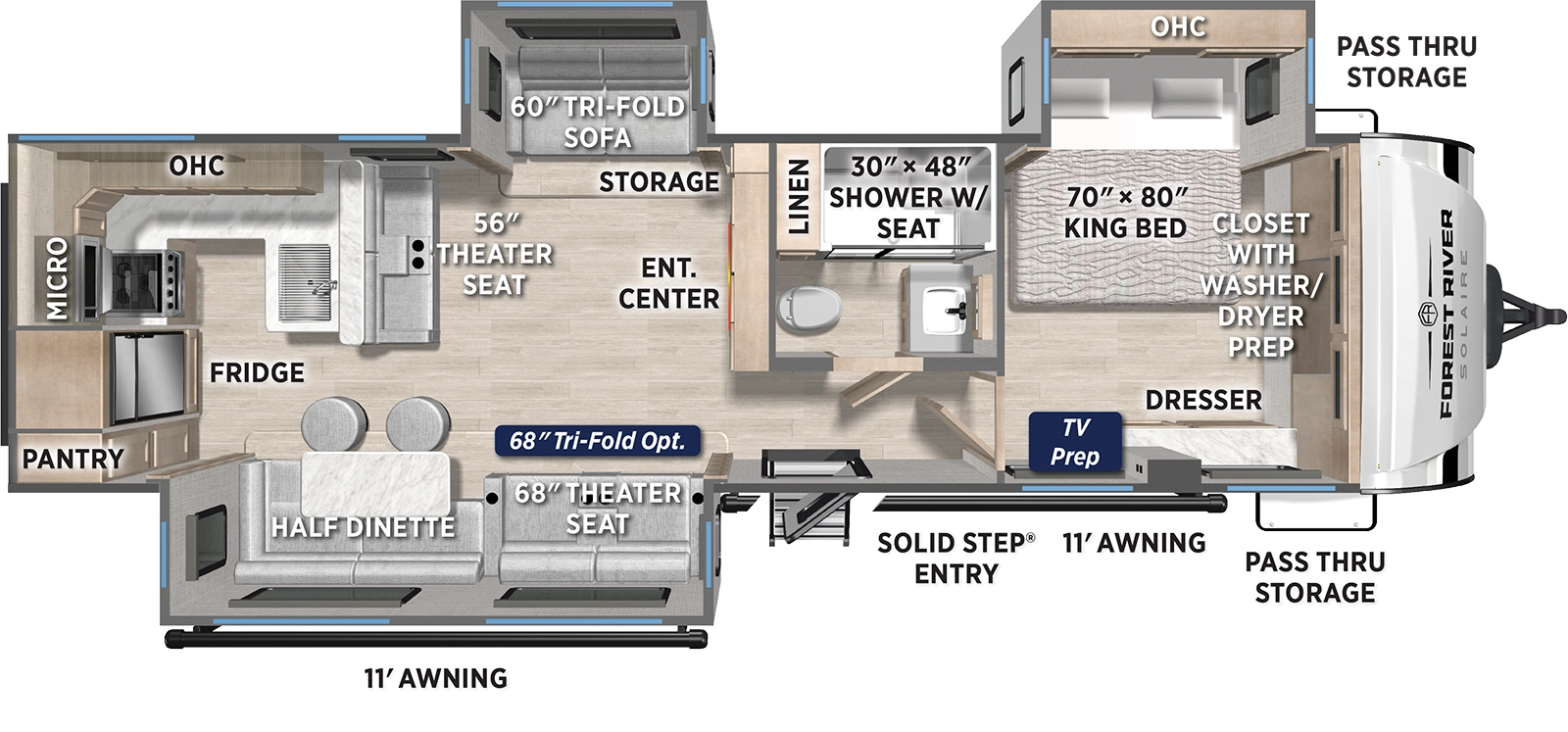The SolAire Ultra Lite 3060RKTS floorplan has one entry and three slide outs. Exterior features include: fiberglass exterior and 11' & 11' awning. Interiors features include: rear kitchen and front bedroom.
